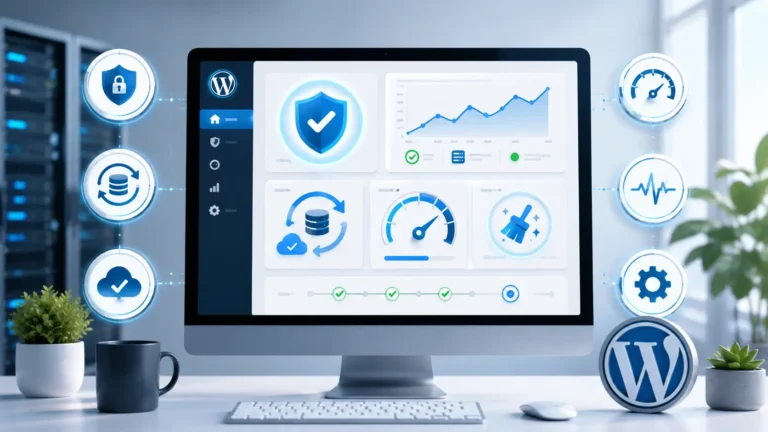 WordPress maintenance dashboard showing security updates, backups, and performance monitoring