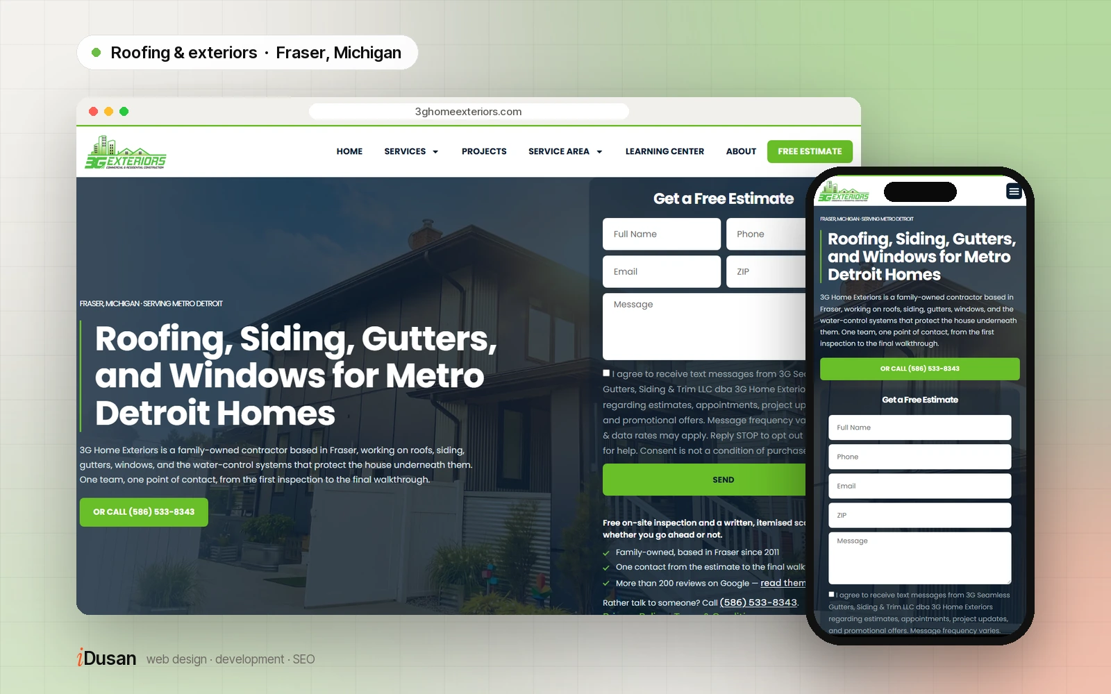 3G Home Exteriors website on desktop and mobile