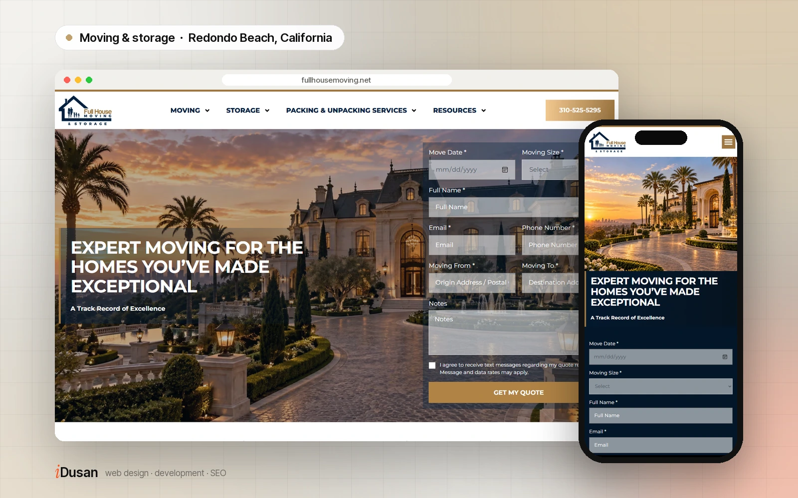 Full House Moving & Storage website on desktop and mobile